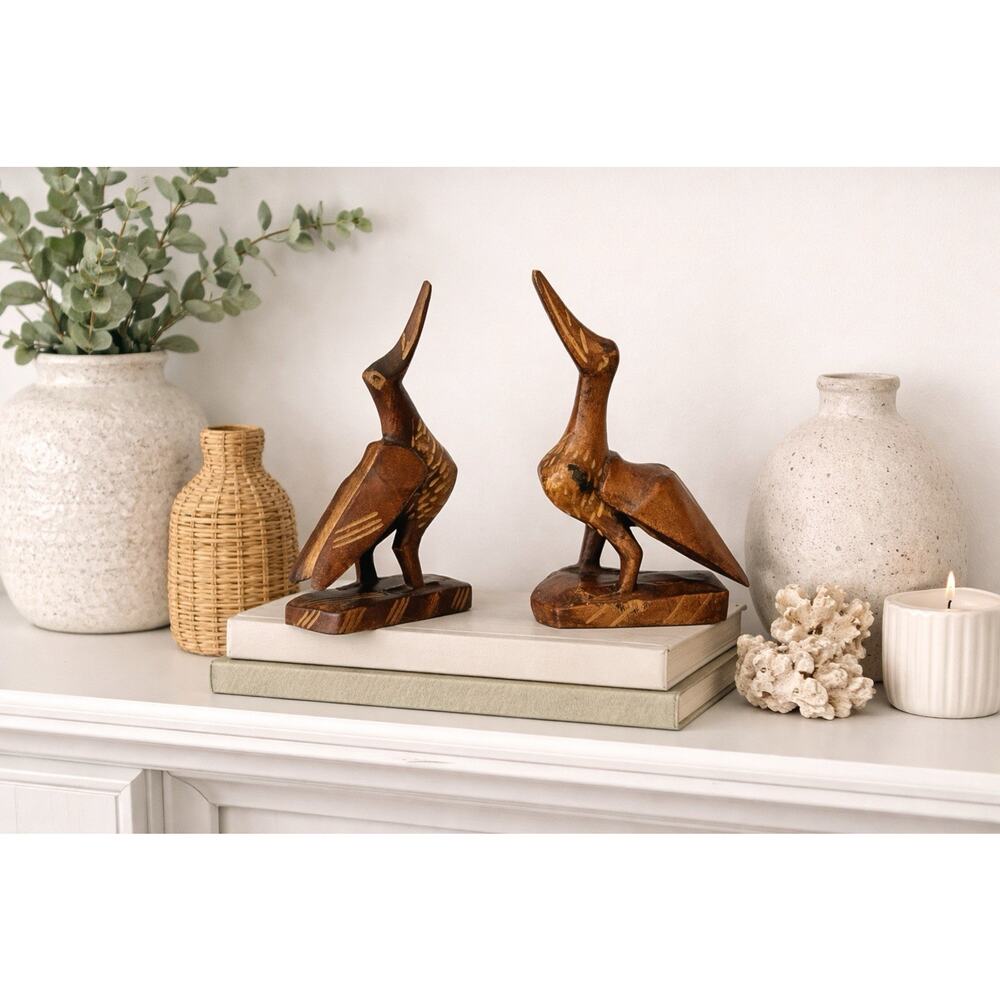 Vintage Hand Carved Wood Pelican Birds Set Mid Century Modern Boho Coastal Decor